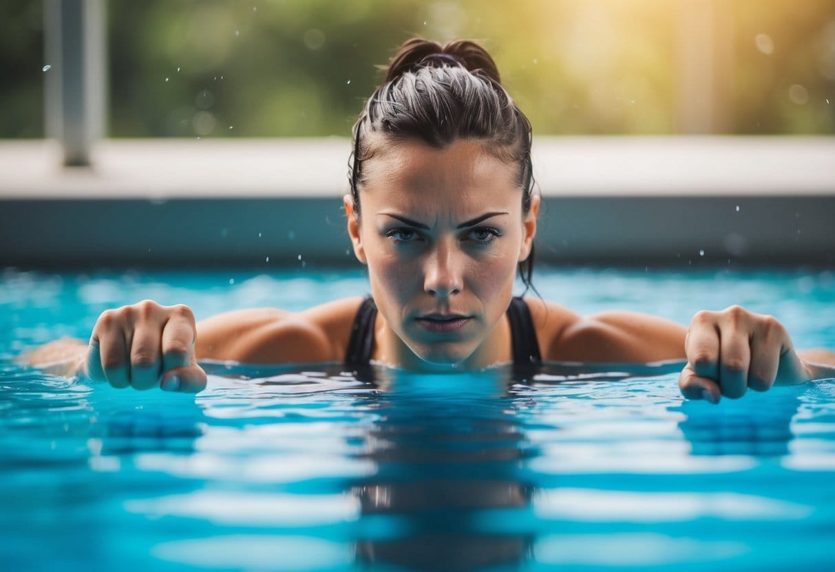 A person who immerses themselves in an ice bath after a workout with a determined expression on their face